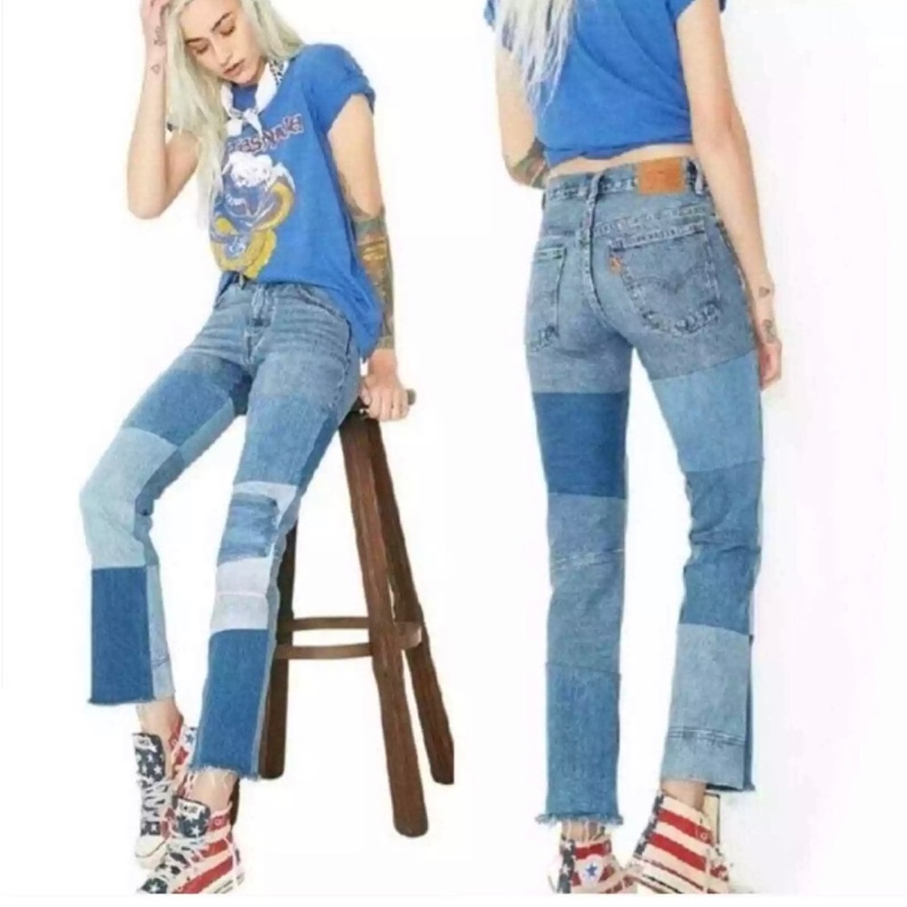 Levi’s Orange Tab Patchwork Vinyl Revival Cropped Straight Leg Raw Hem 31 - Picture 3 of 12